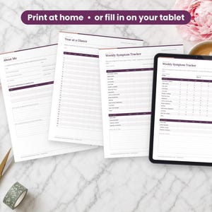 Perimenopause Symptom Tracker printed on a desk and shown on a tablet, printable and fillable