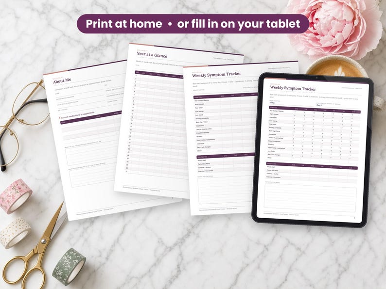 Perimenopause Symptom Tracker printed on a desk and shown on a tablet, printable and fillable