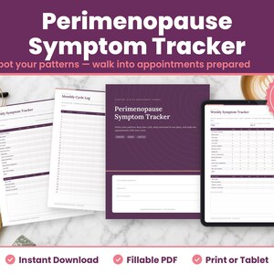 Perimenopause Symptom Tracker digital download hero image: printed pages and tablet showing the real perimenopause symptom tracker pages