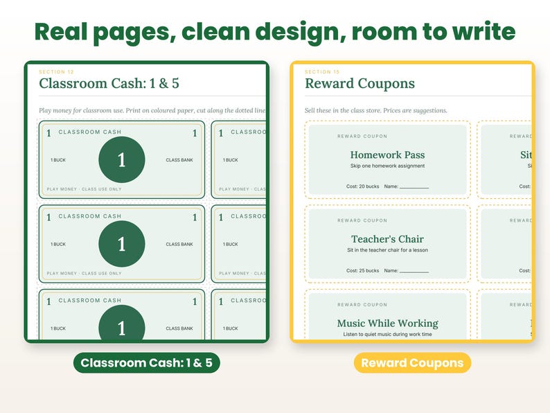 Close-up of real interior pages of the classroom economy system