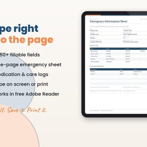 Filled-in example page of the caregiver binder on a tablet with key features listed