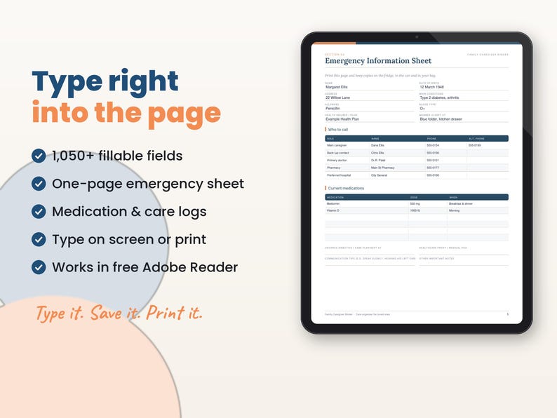 Filled-in example page of the caregiver binder on a tablet with key features listed