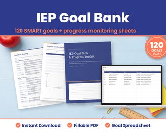 IEP Goal Bank, 120 Smart IEP Goals for Special Education, Progress Monitoring Data Sheets, Present Levels, Special Ed Teacher Binder