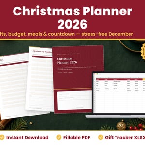 Christmas Planner 2026 digital download: printed pages and tablet showing the real christmas planner 2026 pages