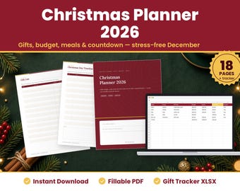 Christmas Planner 2026 Printable, Fillable Holiday Planner PDF with Gift List, Budget Tracker and Gift Tracker Spreadsheet, Letter A4