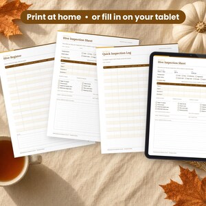 Beekeeping Hive Journal printed on a desk and shown on a tablet, printable and fillable