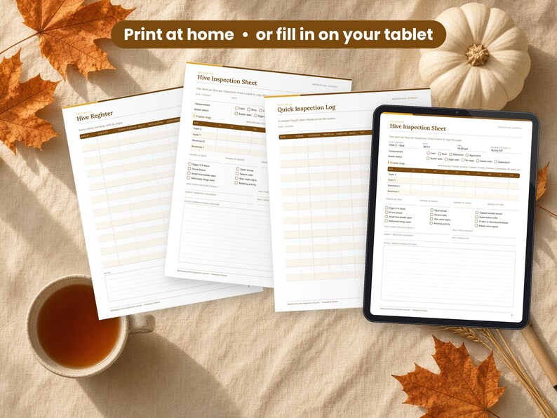 Beekeeping Hive Journal printed on a desk and shown on a tablet, printable and fillable