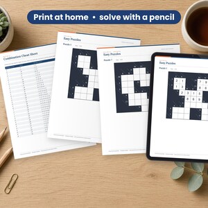 Cross Sum Puzzle Book printed on a desk and shown on a tablet, printable and fillable