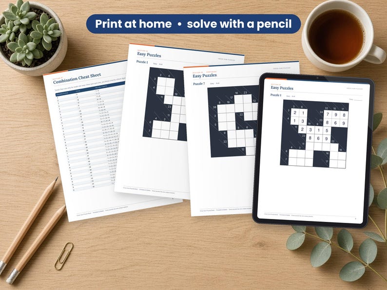 Cross Sum Puzzle Book printed on a desk and shown on a tablet, printable and fillable