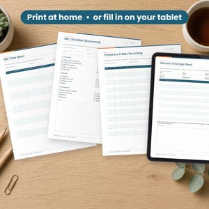 ABA Data Sheets printed on a desk and shown on a tablet, printable and fillable