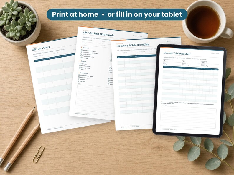 ABA Data Sheets printed on a desk and shown on a tablet, printable and fillable