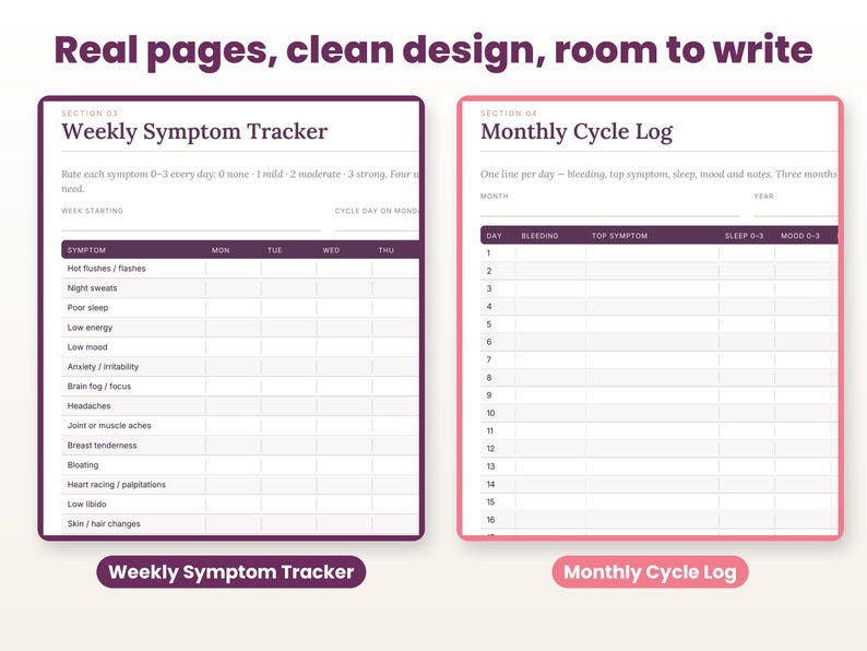 Close-up of real interior pages of the perimenopause symptom tracker