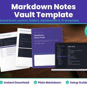 Markdown Notes Vault Template digital download hero image: printed pages and tablet showing the real markdown notes vault pages