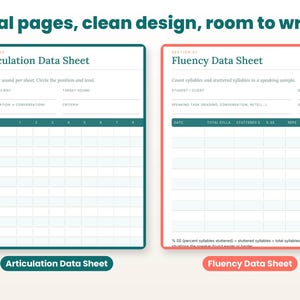 Close-up of real interior pages of the speech therapy data sheets