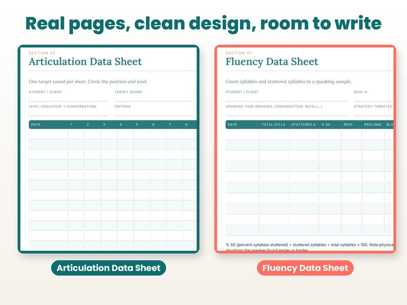 Close-up of real interior pages of the speech therapy data sheets