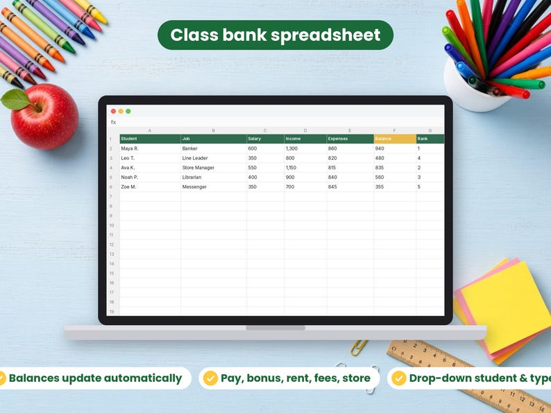 Classroom Economy System spreadsheet shown on a laptop