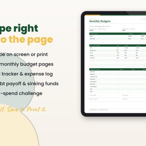 Filled-in example page of the 2027 budget planner with key features listed