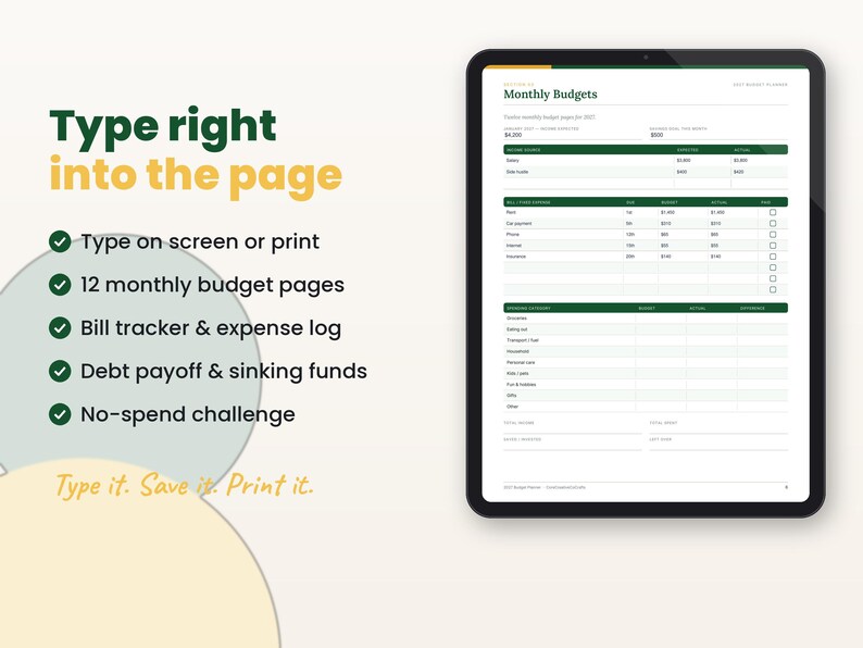 Filled-in example page of the 2027 budget planner with key features listed