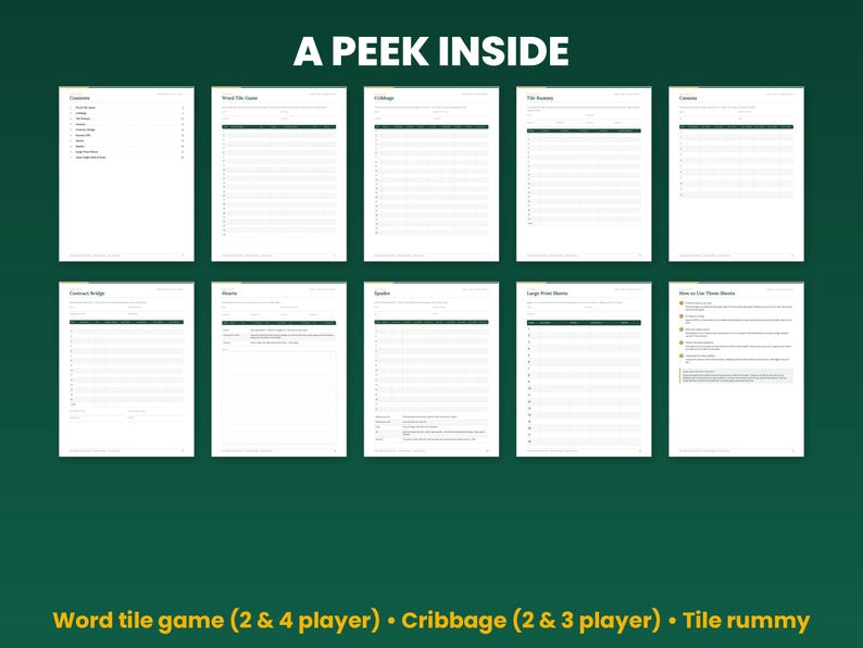 Preview grid of pages inside the game night score sheets