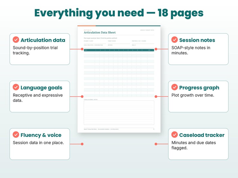 Feature callouts for the speech therapy data sheets page layouts