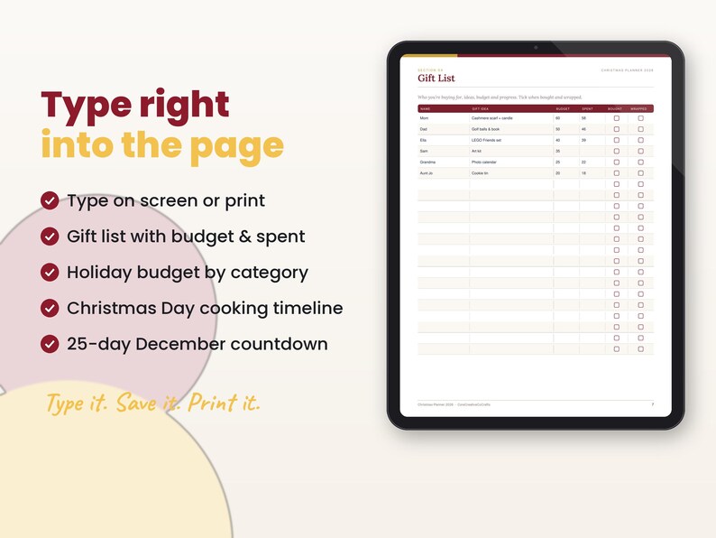 Filled-in example page of the christmas planner 2026 with key features listed