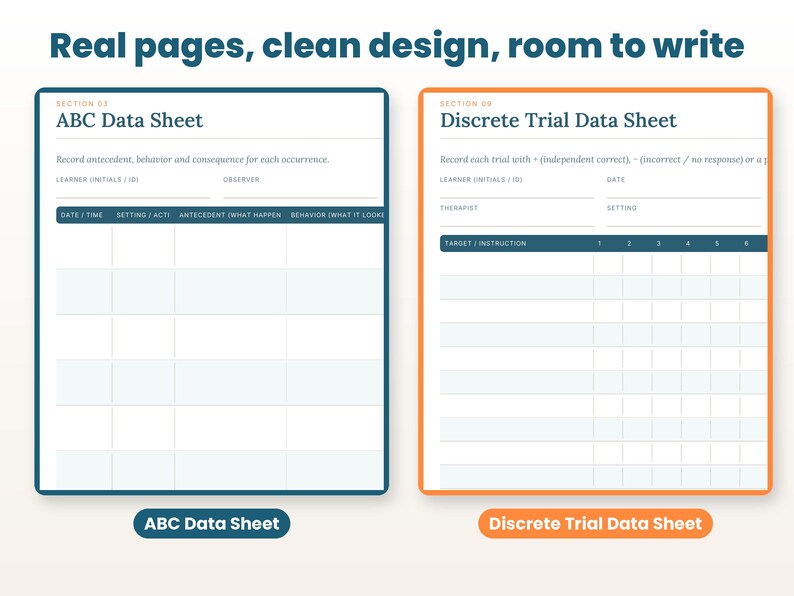 Close-up of real interior pages of the aba data sheets