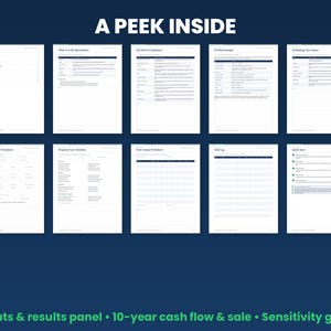 Preview grid of pages inside the rental property analysis spreadsheet
