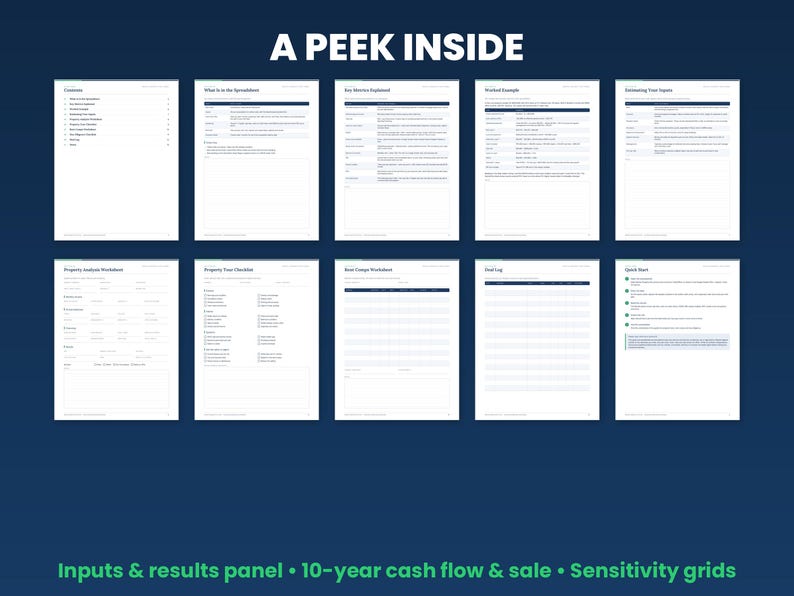 Preview grid of pages inside the rental property analysis spreadsheet