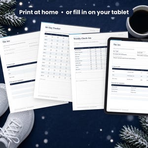 Winter Arc 90-Day Tracker printed on a desk and shown on a tablet, printable and fillable
