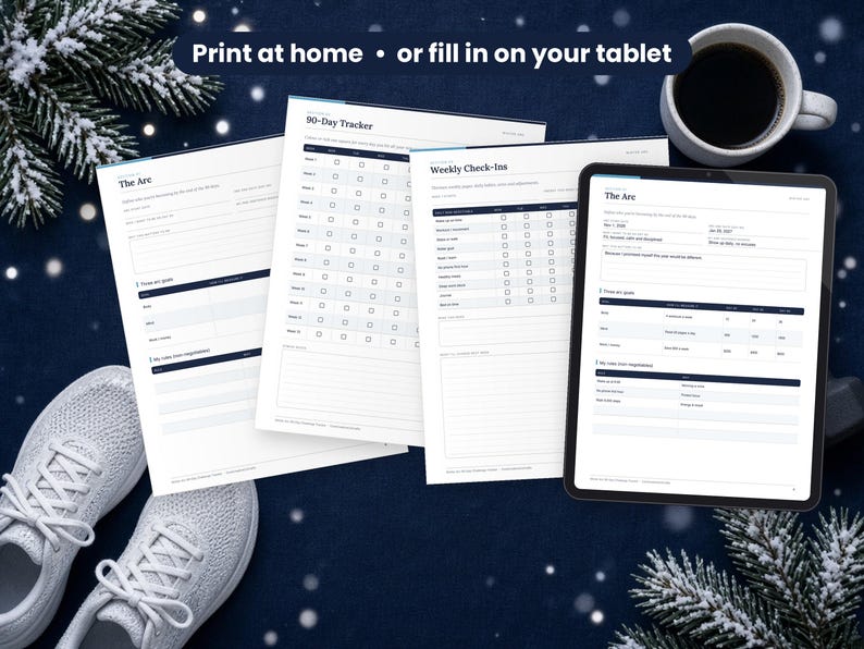 Winter Arc 90-Day Tracker printed on a desk and shown on a tablet, printable and fillable