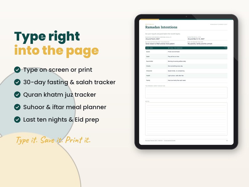 Filled-in example page of the ramadan planner 2027 with key features listed