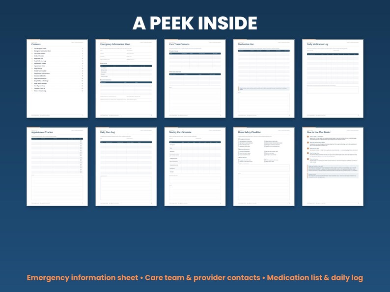 Preview grid of pages inside the caregiver binder