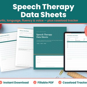 Speech Therapy Data Sheets digital download hero image: printed pages and tablet showing the real speech therapy data sheets pages