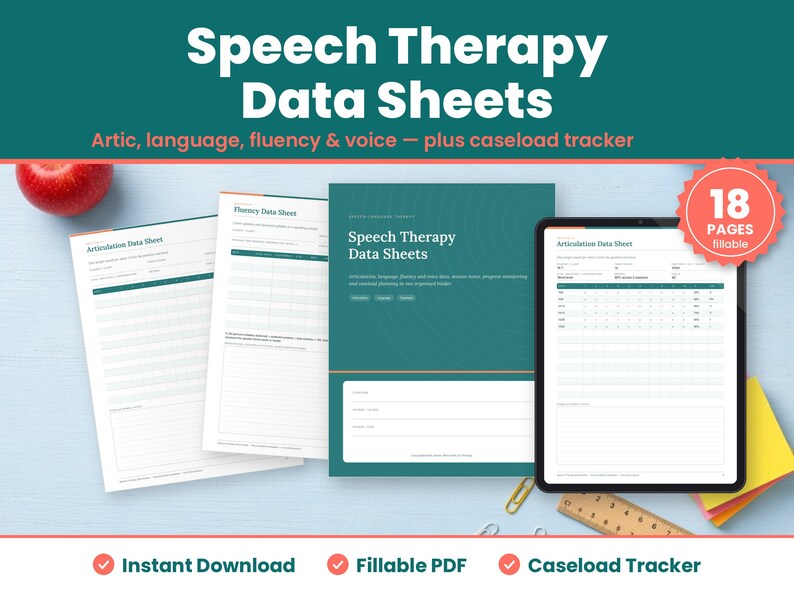 Speech Therapy Data Sheets digital download hero image: printed pages and tablet showing the real speech therapy data sheets pages