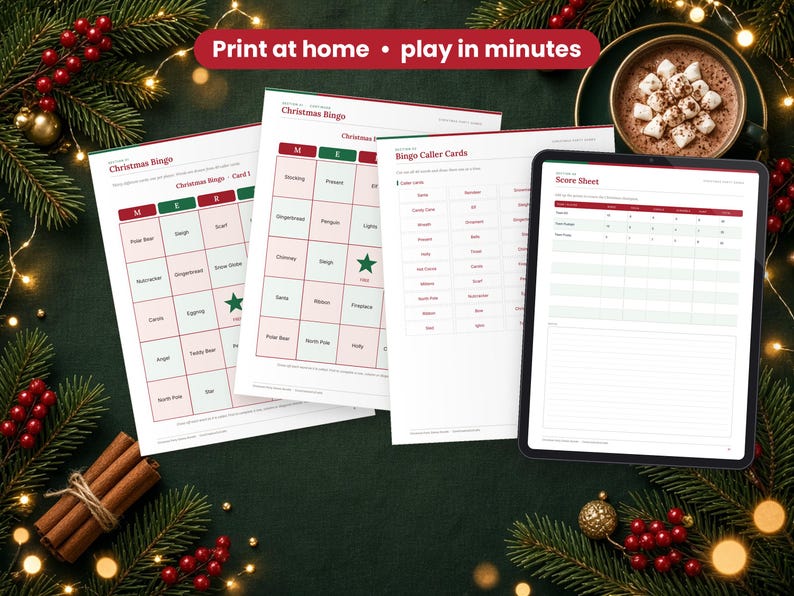 Christmas Party Games printed on a desk and shown on a tablet, printable