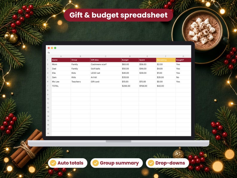 Christmas Planner 2026 spreadsheet shown on a laptop