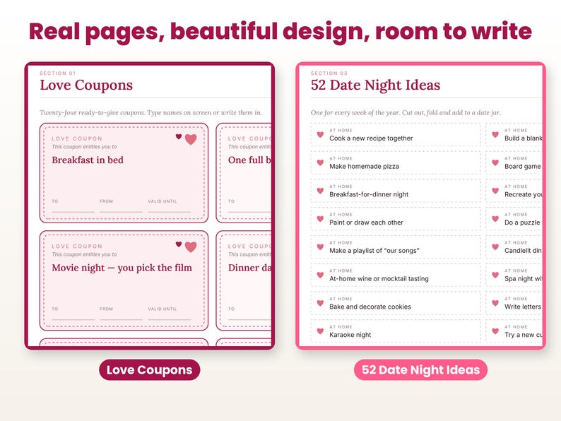 Close-up of real interior pages of the love coupons