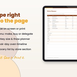 Filled-in example page of the thanksgiving dinner planner with key features listed