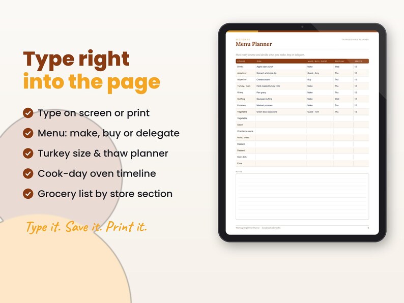 Filled-in example page of the thanksgiving dinner planner with key features listed