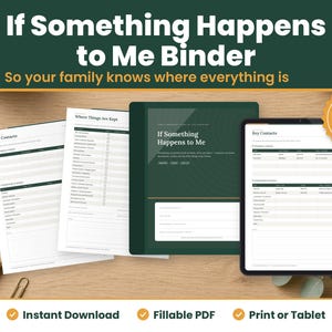 If Something Happens to Me Binder digital download hero image: printed pages and tablet showing the real if something happens to me binder pages