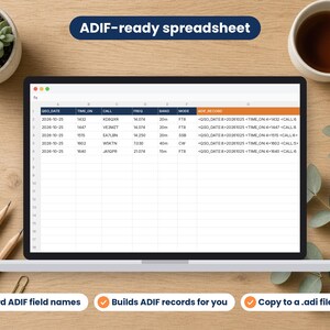 Ham Radio Logbook spreadsheet shown on a laptop