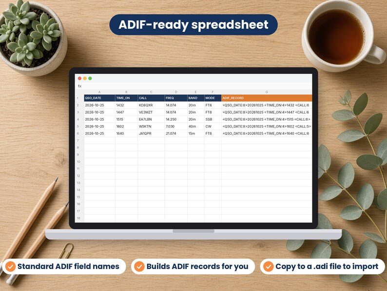 Ham Radio Logbook spreadsheet shown on a laptop