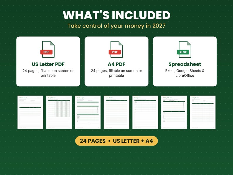 What is included in the 2027 budget planner: files, formats and 24 pages
