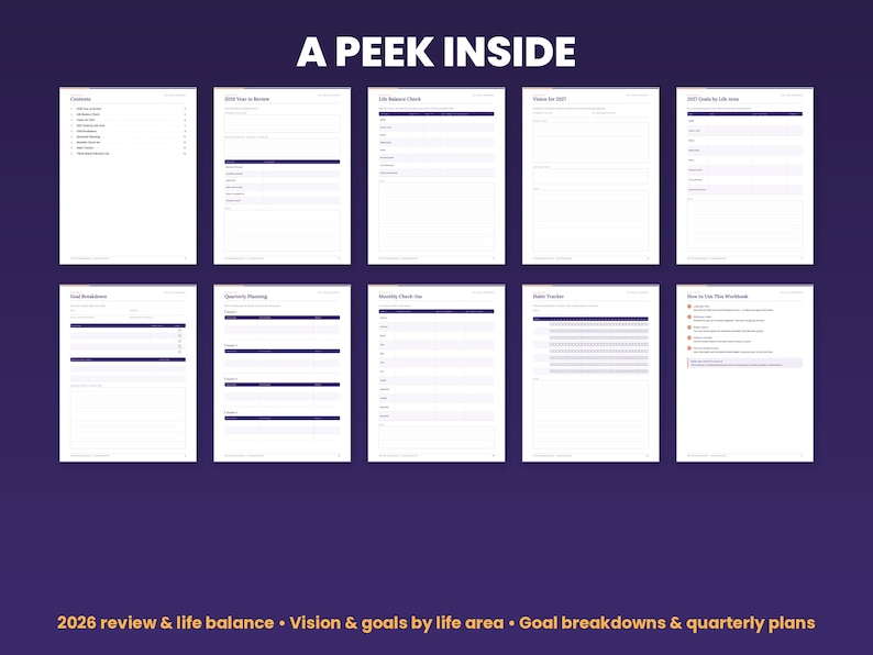 Preview grid of pages inside the 2027 goal setting workbook
