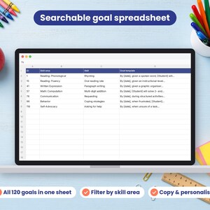 IEP Goal Bank spreadsheet shown on a laptop