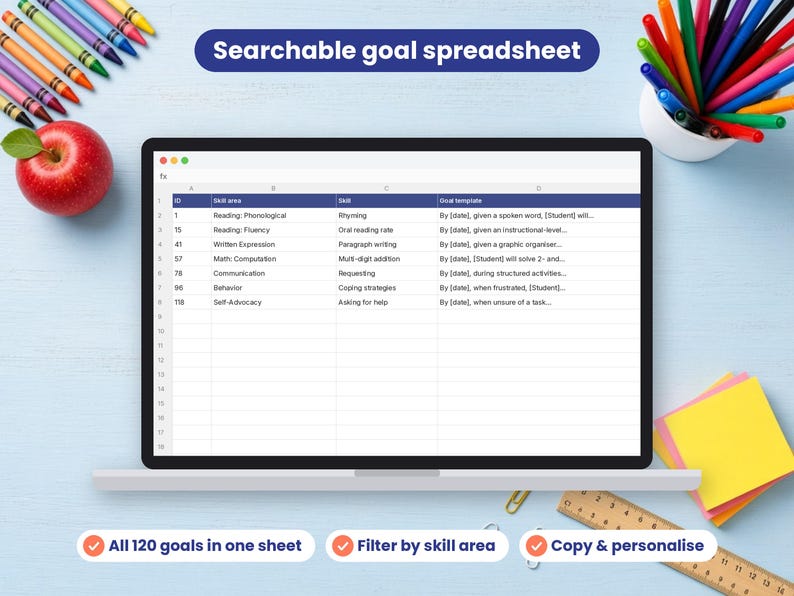 IEP Goal Bank spreadsheet shown on a laptop