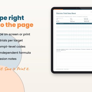 Filled-in example page of the aba data sheets on a tablet with key features listed