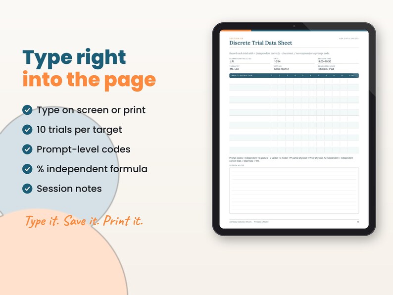 Filled-in example page of the aba data sheets on a tablet with key features listed