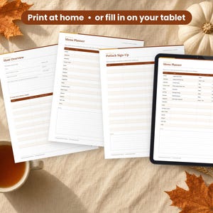 Thanksgiving Dinner Planner printed on a desk and shown on a tablet, printable and fillable