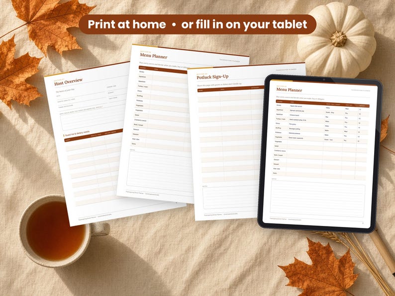Thanksgiving Dinner Planner printed on a desk and shown on a tablet, printable and fillable
